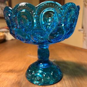 LE Smith Moon & Stars Colonial Blue Glass Footed Candy Dish CRACKED NO LID